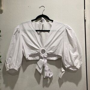 White Puff Sleeve Tie-Front Top